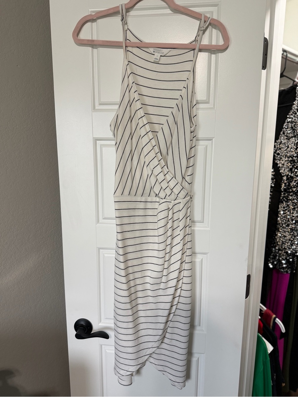 Market & Spruce Cream Dress with Black Stripes - Midi Wrap Style
